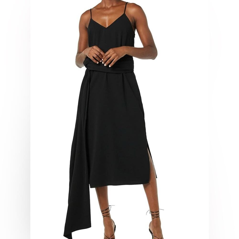 Black Multi-Way Slip Cami Sash Wrap Crepe Midi Dress  LBD Quiet Luxury NWT M